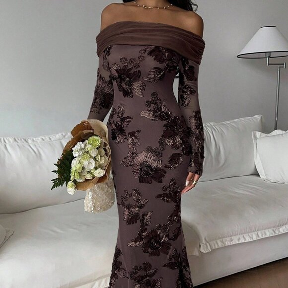Coffee Brown Elegant Women's Floral Embroidery Off-Shoulder Maxi Dress - Picture 6 of 6